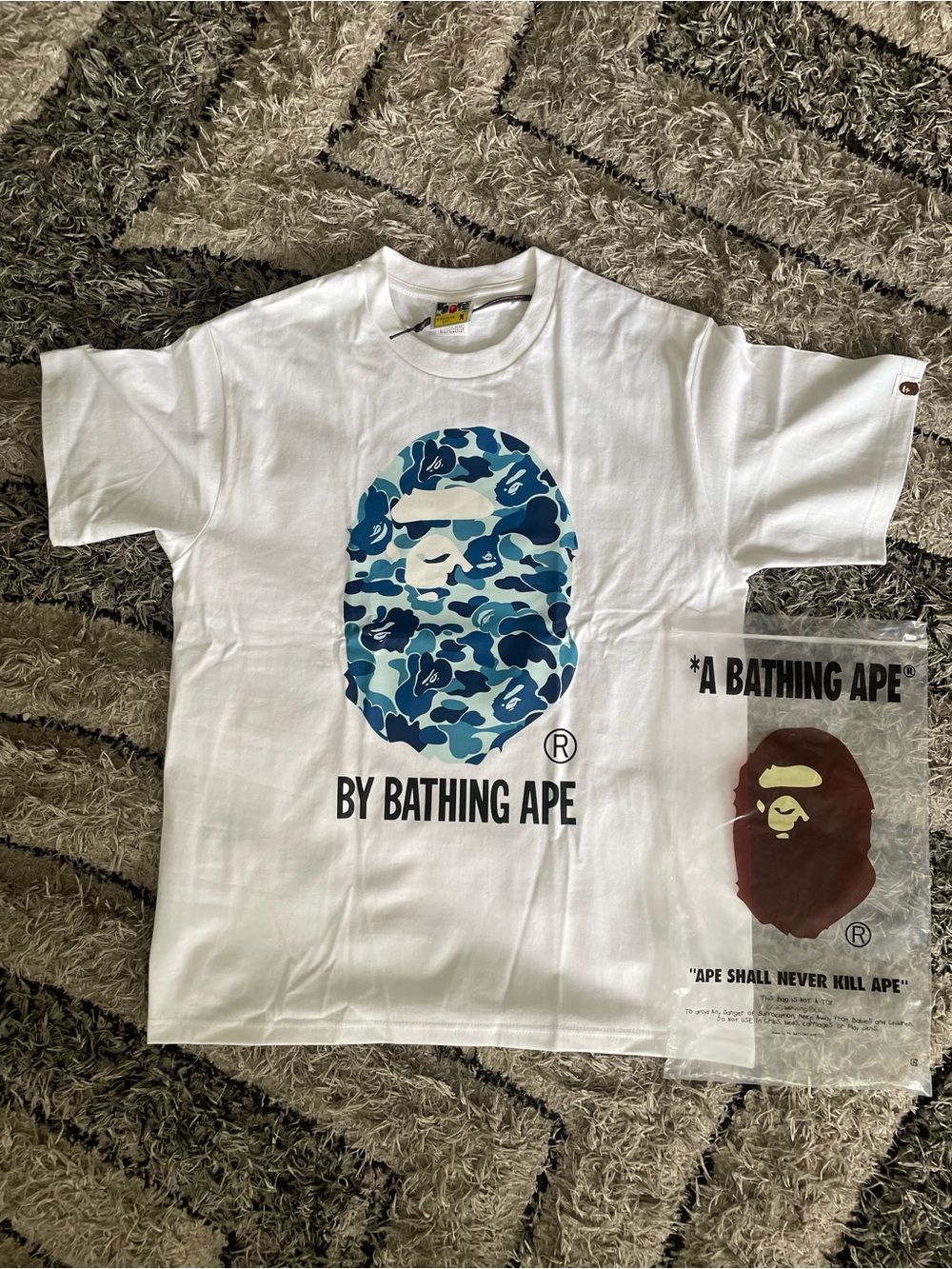 Bape White Tee with Blue Camo Ape Head Graphic